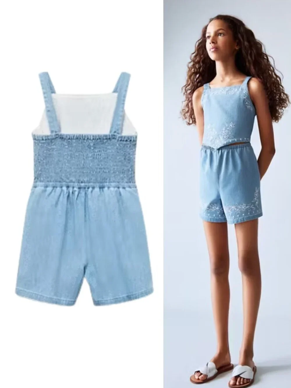 NEW Mango Kids Denim Embroidered Floral Jumper Bib Shorts Outfit Sz 11 or 12